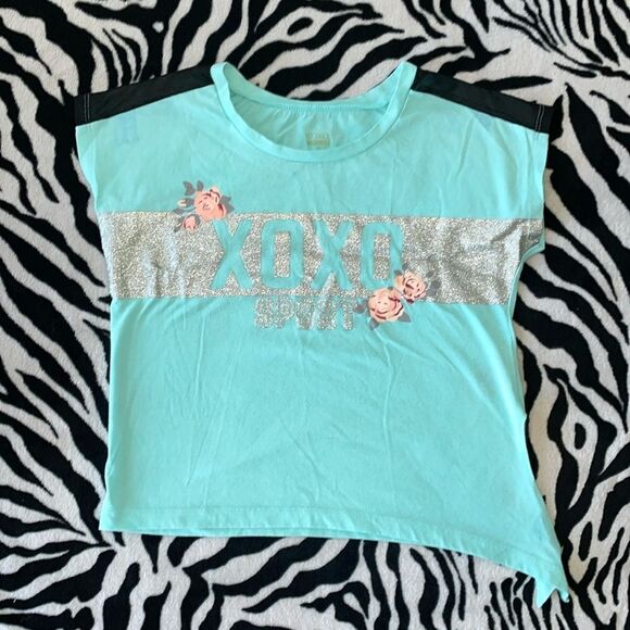 Xoxo sport little girls roses teal silver glitter mesh shoulder shirt sleeve top - Picture 1 of 11